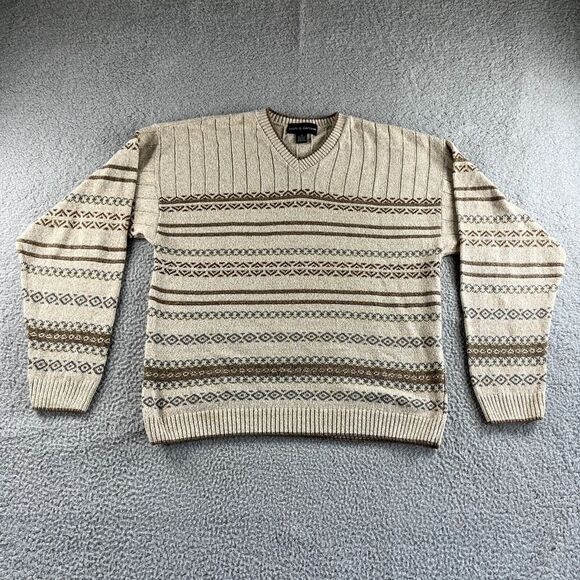 Vintage Croft &‎ Barrow Sweater Mens Medium Beige Striped USA Grandpa Grunge 90s